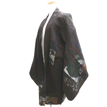 Load image into Gallery viewer, Haori Jacket Vintage(1950-1980) Black Reddish Brown Gold Ukiyoe Landscape Silk #10030C4
