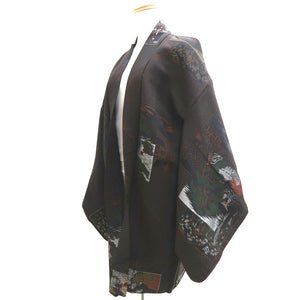 Haori Jacket Vintage(1950-1980) Black Reddish Brown Gold Ukiyoe Landscape Silk #10030C4