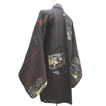 Load image into Gallery viewer, Haori Jacket Vintage(1950-1980) Black Reddish Brown Gold Ukiyoe Landscape Silk #10030C4
