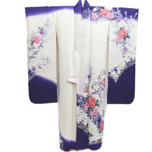 Furisode White Dark Purple Peony Tall Silk #10340F2