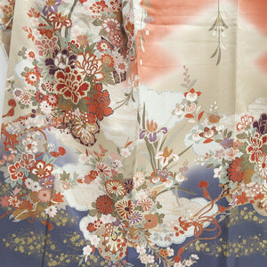 Furisode Reddish Pink Beige Gray Shidare Sakura Silk #9683J3