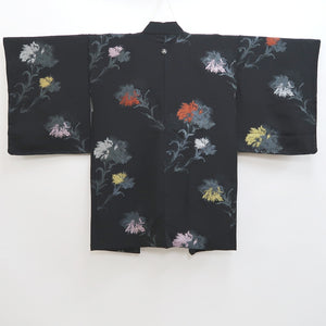 Haori Jacket Vintage(1950-1980) Black Gold Silver Flower Silk #10059D1