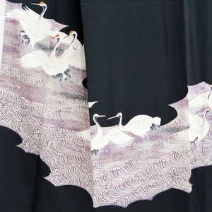 Tomesode Black Crane Birds Silk #10398A1