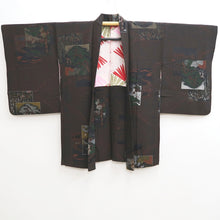 Load image into Gallery viewer, Haori Jacket Vintage(1950-1980) Black Reddish Brown Gold Ukiyoe Landscape Silk #10030C4
