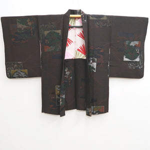 Haori Jacket Vintage(1950-1980) Black Reddish Brown Gold Ukiyoe Landscape Silk #10030C4