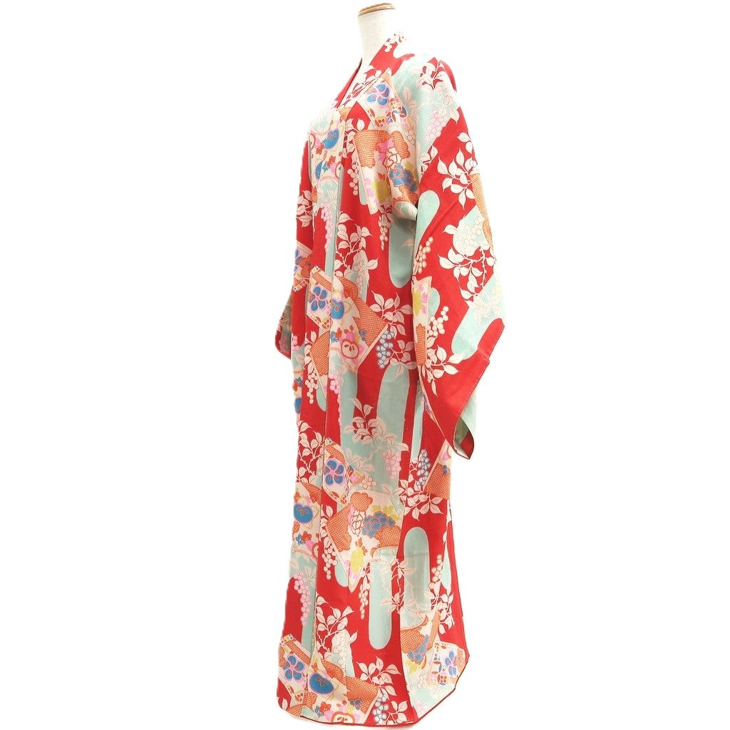 Juban Vintage(1920-1950) Red Light Blue Chrysanthemum Nejiri-Ume Silk #10374F4