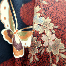 Load image into Gallery viewer, Furisode Black Red Gold Butterfly Cherry Blossom Tall Silk #11087B1
