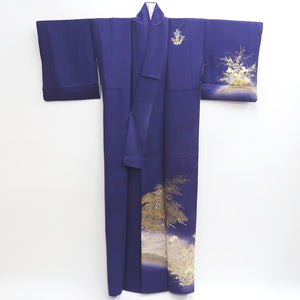 Kimono Navy Crane Birds Matsu Kiku Silk #9663J2