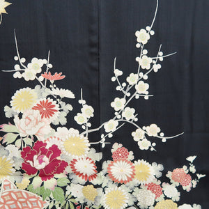 Haori Jacket Vintage(1950-1980) Black Hand painted Ume Kiku Silk #9889B3