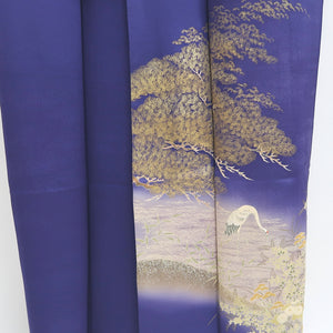 Kimono Navy Crane Birds Matsu Kiku Silk #9663J2