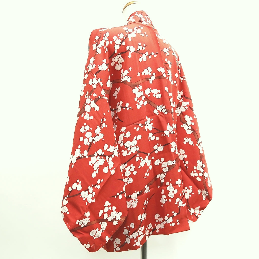 Haori Jacket Vintage(1950-1980) Red Plum blossom Branch Silk #10075D1