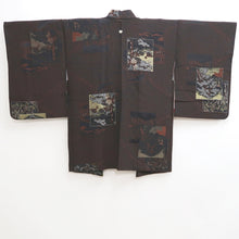 Load image into Gallery viewer, Haori Jacket Vintage(1950-1980) Black Reddish Brown Gold Ukiyoe Landscape Silk #10030C4
