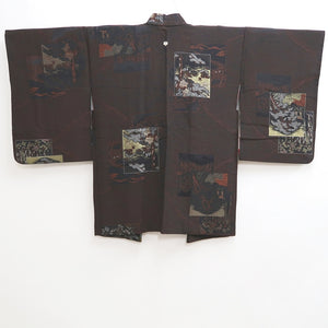 Haori Jacket Vintage(1950-1980) Black Reddish Brown Gold Ukiyoe Landscape Silk #10030C4