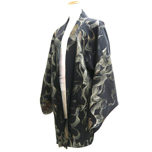 Haori Jacket Vintage(1950-1980) Black Gold Abstract art Silk #9763A3