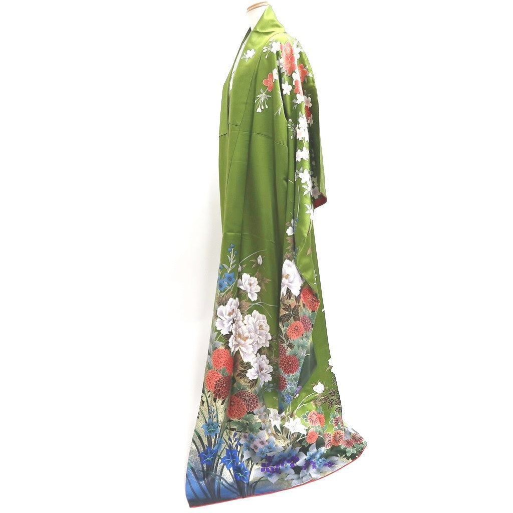 Furisode Green Gold Sakura Peony Kiku Silk #9703J5