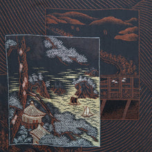 Load image into Gallery viewer, Haori Jacket Vintage(1950-1980) Black Reddish Brown Gold Ukiyoe Landscape Silk #10030C4
