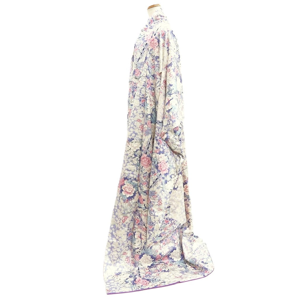 Furisode White Lavender Plum blossom Peony Folding Fan Silk #10550B4
