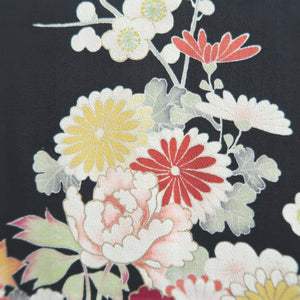 Haori Jacket Vintage(1950-1980) Black Hand painted Ume Kiku Silk #9889B3