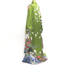 Load image into Gallery viewer, Furisode Green Gold Sakura Peony Kiku Silk #9703J5
