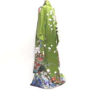 Furisode Green Gold Sakura Peony Kiku Silk #9703J5