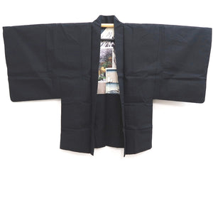 Men's Haori Vintage(1950-1980) Black Mt. Fuji Ukiyoe Silk #10290E4