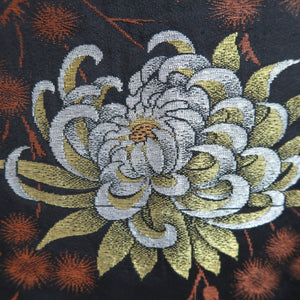Haori Jacket Vintage(1950-1980) Black Gold Silver Chrysanthemum Silk #10240E3