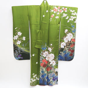 Furisode Green Gold Sakura Peony Kiku Silk #9703J5