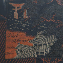 Load image into Gallery viewer, Haori Jacket Vintage(1950-1980) Black Reddish Brown Gold Ukiyoe Landscape Silk #10030C4
