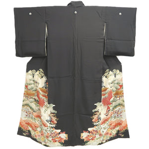 Tomesode Vintage(1920-1950) Black Crane Birds Hand painted Silk #10499B1