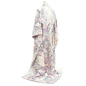 Furisode White Lavender Plum blossom Peony Folding Fan Silk #10550B4