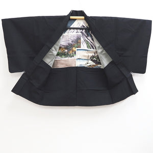 Men's Haori Vintage(1950-1980) Black Mt. Fuji Ukiyoe Silk #10290E4