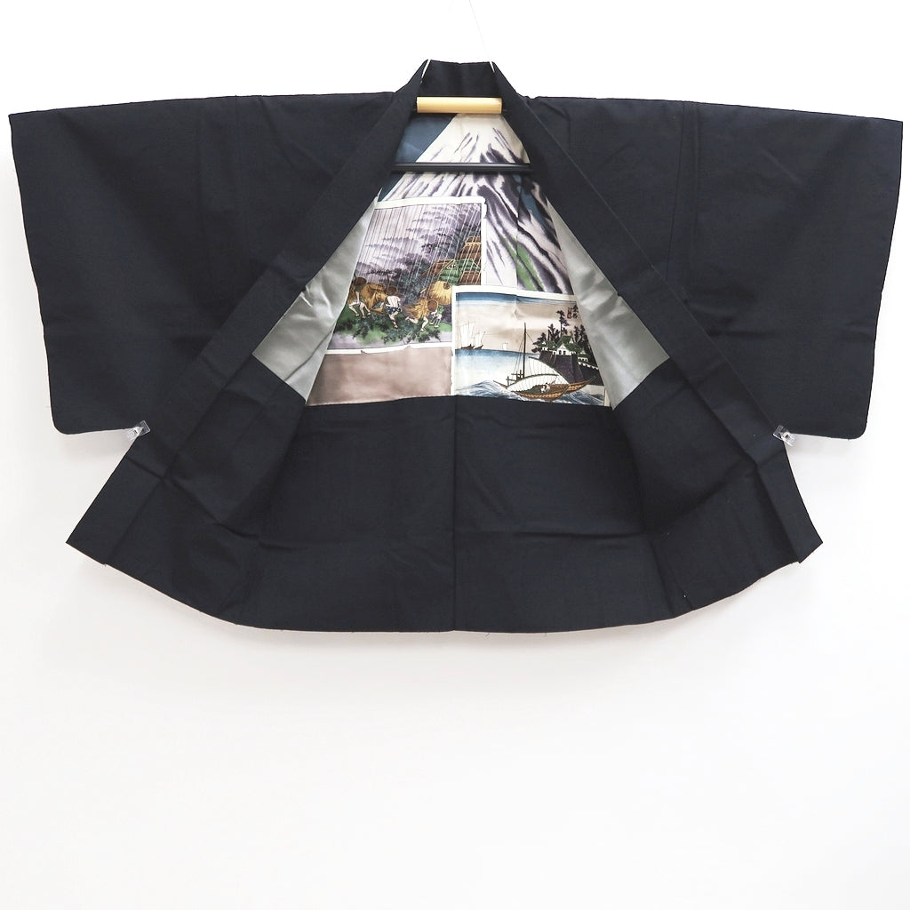 Men's Haori Vintage(1950-1980) Black Mt. Fuji Ukiyoe Silk #10290E4