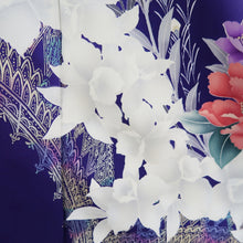 Load image into Gallery viewer, Furisode White Dark Purple Peony Tall Silk #10340F2
