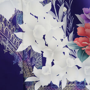 Furisode White Dark Purple Peony Tall Silk #10340F2