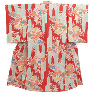 Juban Vintage(1920-1950) Red Light Blue Chrysanthemum Nejiri-Ume Silk #10374F4