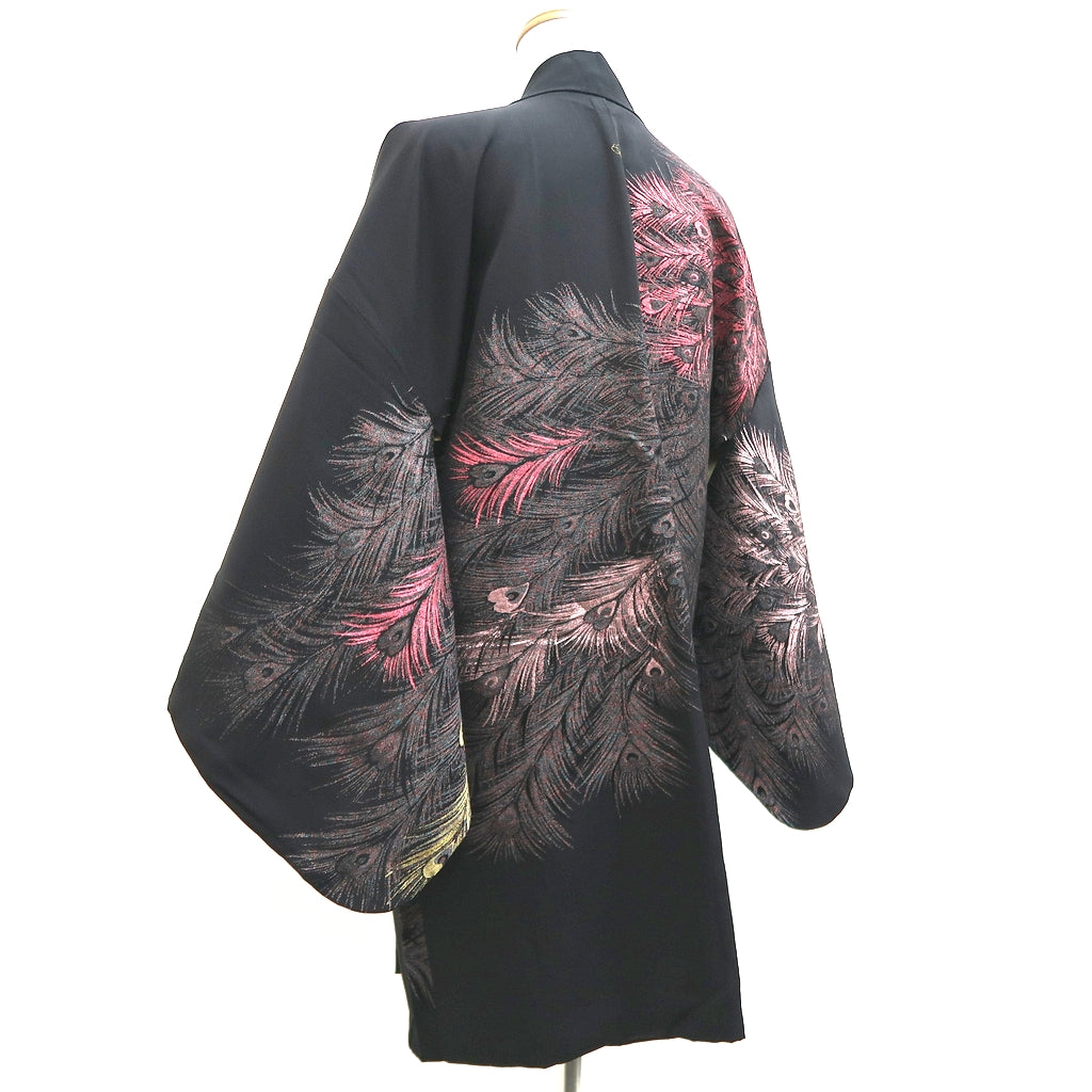 Haori Jacket Vintage(1950-1980) Black Silver Gold Peacock feather Silk #10060D1