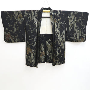 Haori Jacket Vintage(1950-1980) Black Gold Abstract art Silk #9763A3