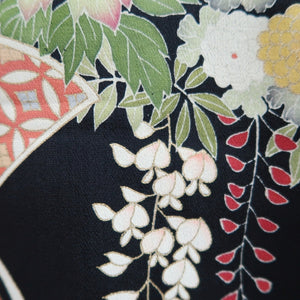 Haori Jacket Vintage(1950-1980) Black Hand painted Ume Kiku Silk #9889B3