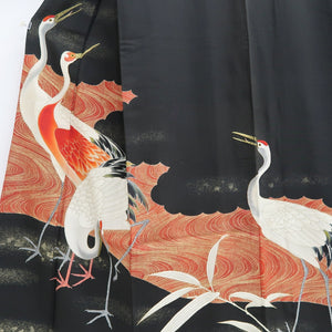 Tomesode Vintage(1920-1950) Black Hand painted Crane Birds Silk #10408A2