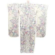 Load image into Gallery viewer, Furisode White Lavender Plum blossom Peony Folding Fan Silk #10550B4
