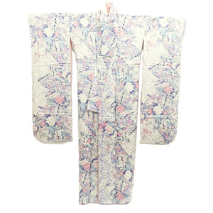 Furisode White Lavender Plum blossom Peony Folding Fan Silk #10550B4