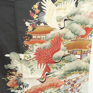 Tomesode Vintage(1920-1950) Black Crane Birds Hand painted Silk #10499B1