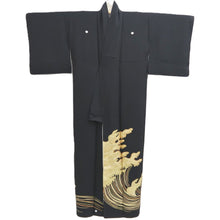 Load image into Gallery viewer, Tomesode Black Gold Curling Wave Silk #10399A1
