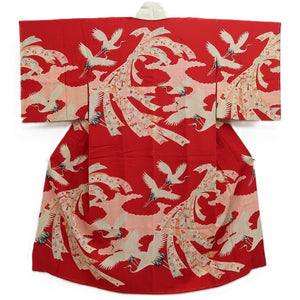 Juban Vintage(1950-1980) Red Pink Crane Birds Silk #10510B2