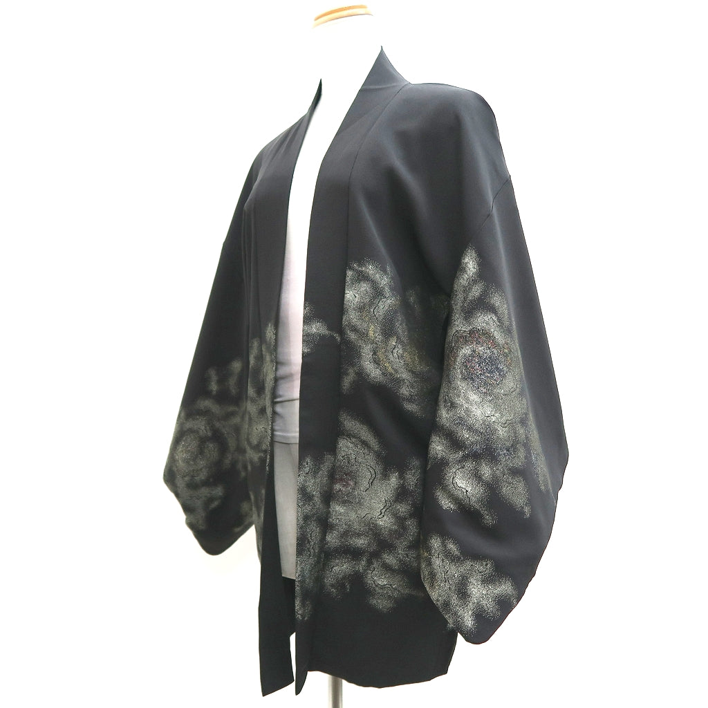 Haori Jacket Vintage(1950-1980) Black Silver Gold Flower Silk #9778A4