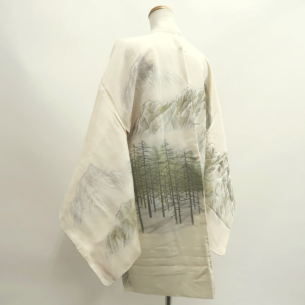 Haori Jacket Vintage(1950-1980) White Gold Silver Mountain Landscape Silk #10015C3