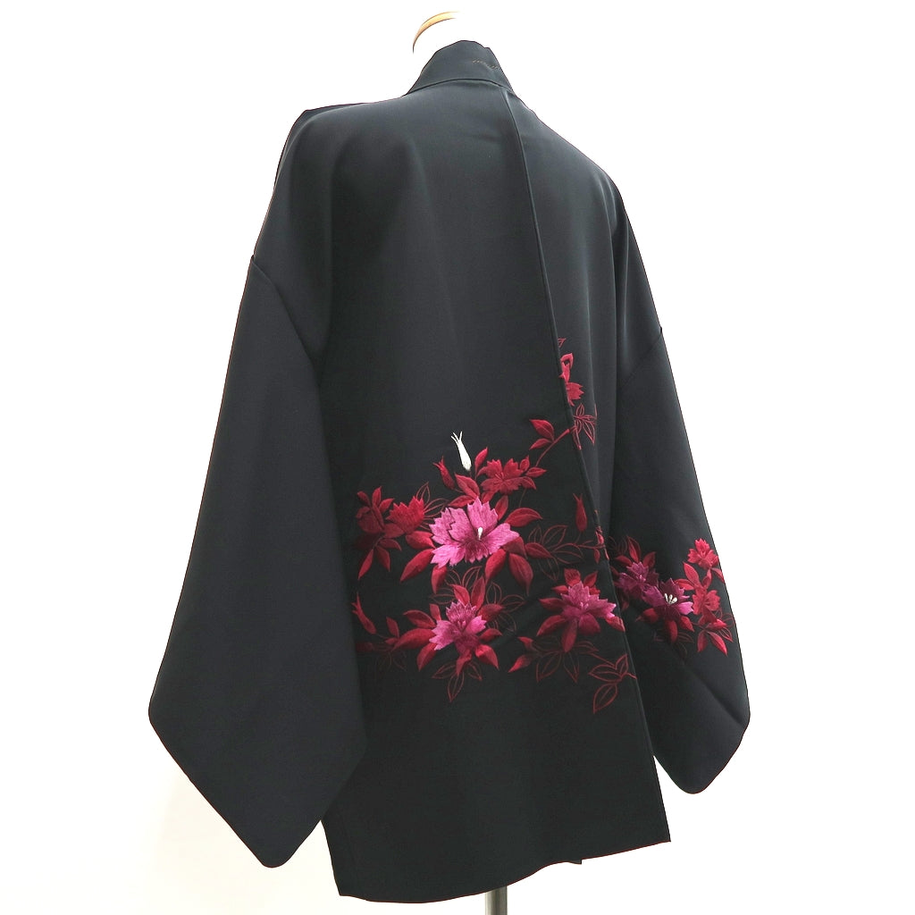 Haori Jacket Vintage(1950-1980) Black Fully Embroidered Flower Silk #10031C4