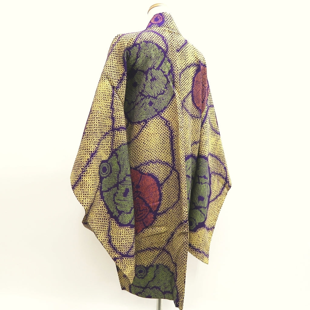 Haori Jacket Vintage(1920-1950) Yellow Blueish Purple Green Shibori Bamboo leaf Long Silk #9966C1