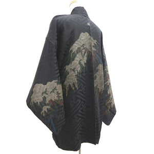 Haori Jacket Vintage(1950-1980) Black Sayagata Bamboo leaf Silk #9890B3