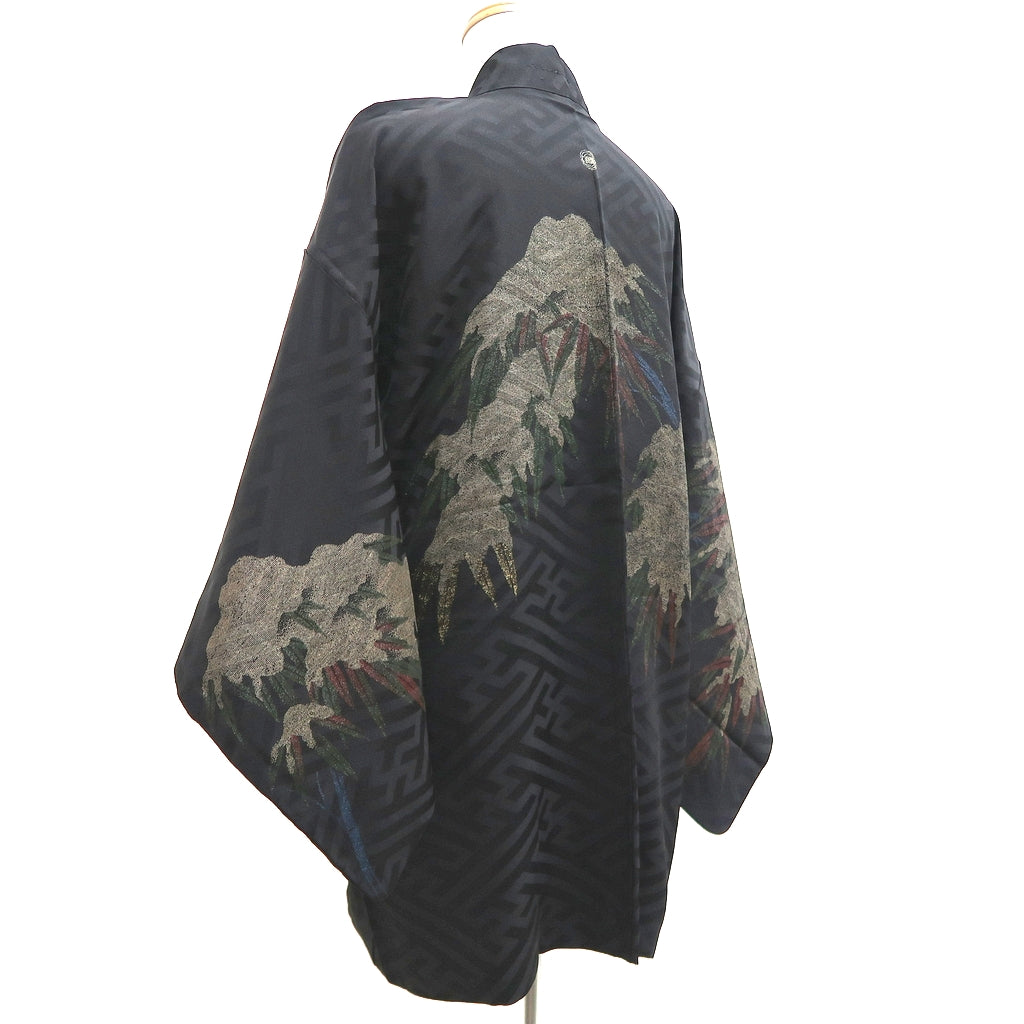 Haori Jacket Vintage(1950-1980) Black Sayagata Bamboo leaf Silk #9890B3